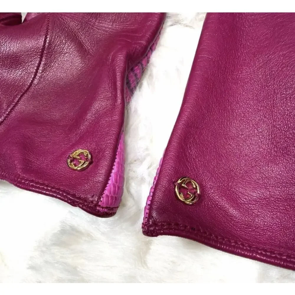 GUCCI RARE LIZARD Skin Leather Pink Gold GG Insignia Gloves Size 7.5 Authentic - Picture 7 of 9